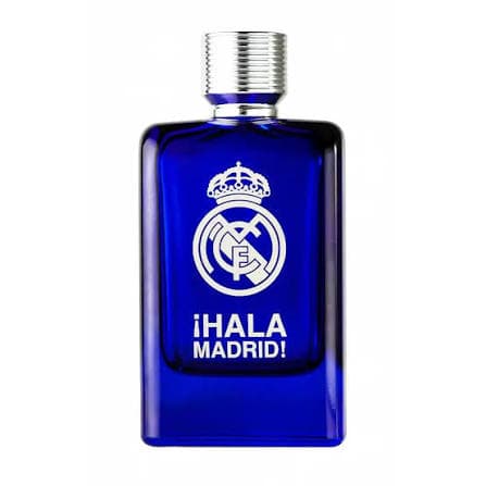 Foto simples do frasco de perfume azul em fundo branco